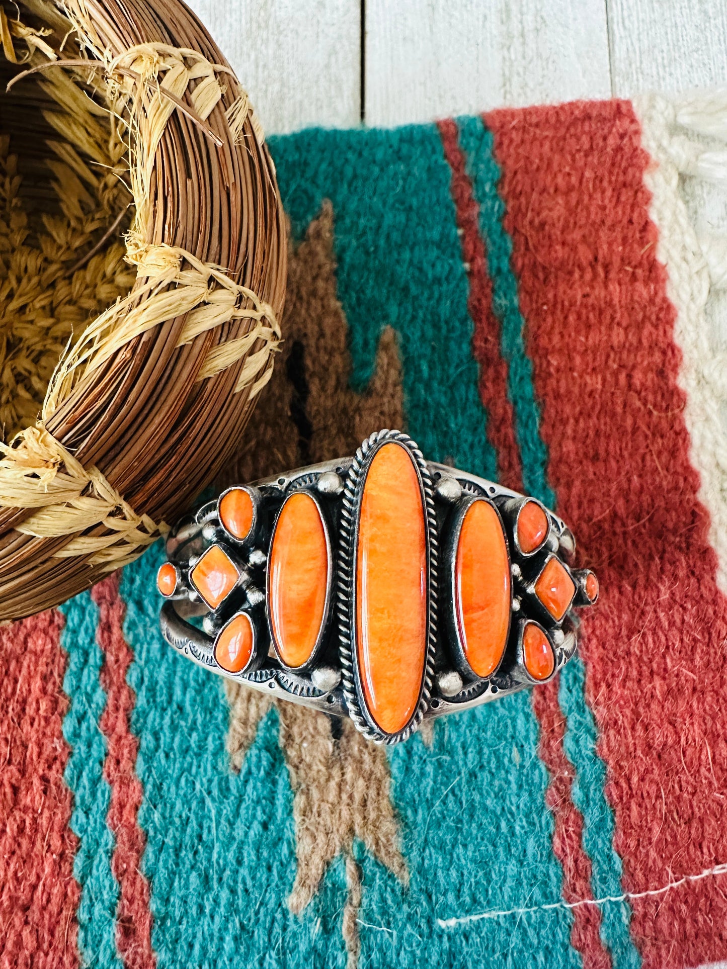 Handcrafted Sterling Silver & Orange Spiny Cuff Bracelet by Diane Wylie NF