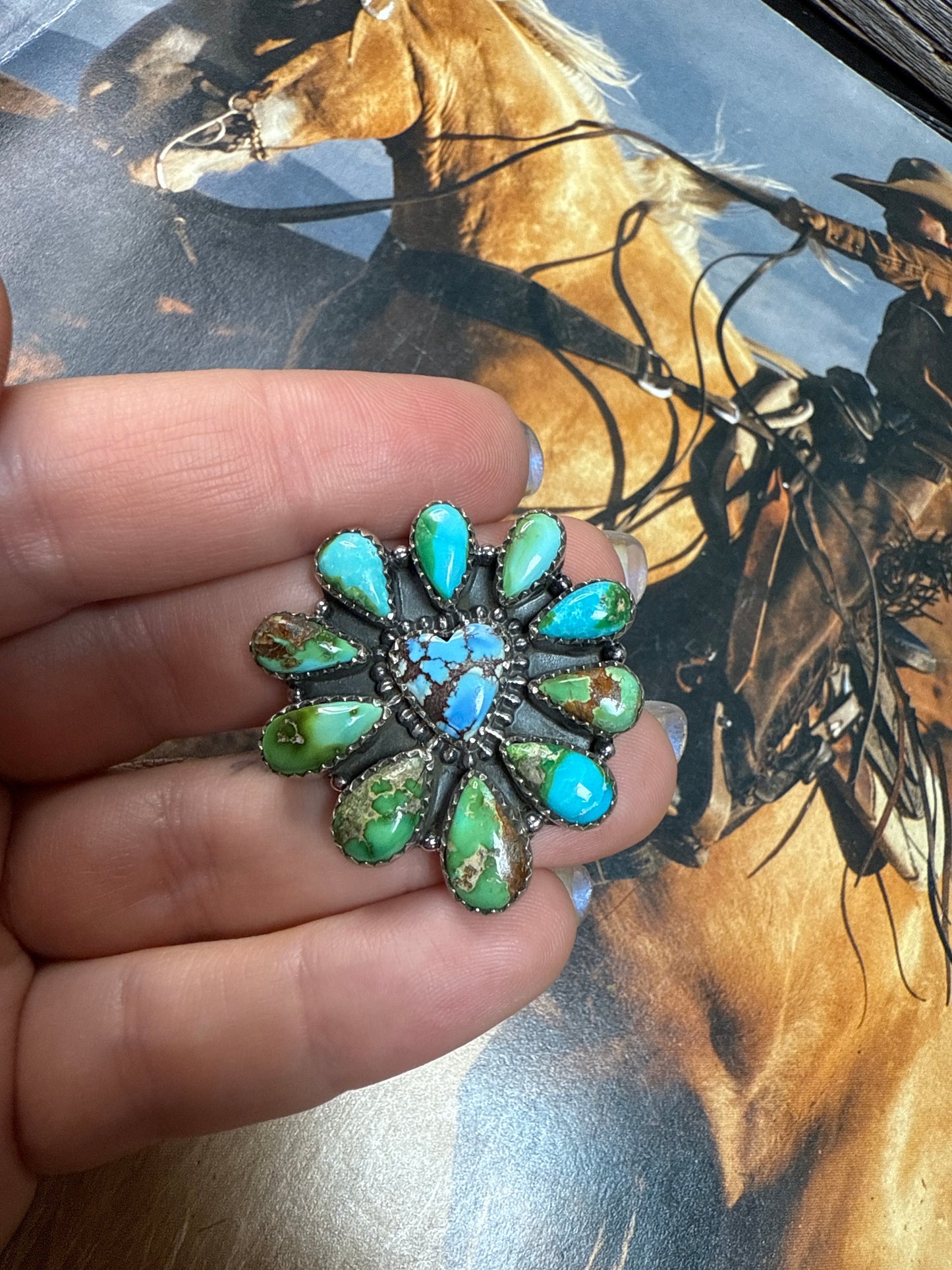 Handmade Adjustable Golden Hills Turquoise, Sonoran Mountain Turquoise & Sterling Silver HEART Ring