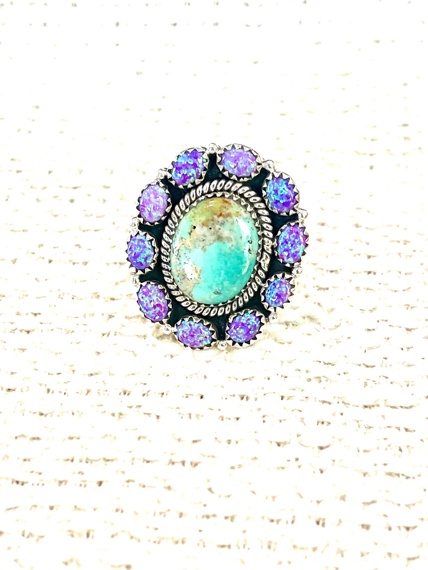 Handmade Sterling Silver, Royston & Purple Fire Opal Adjustable Ring