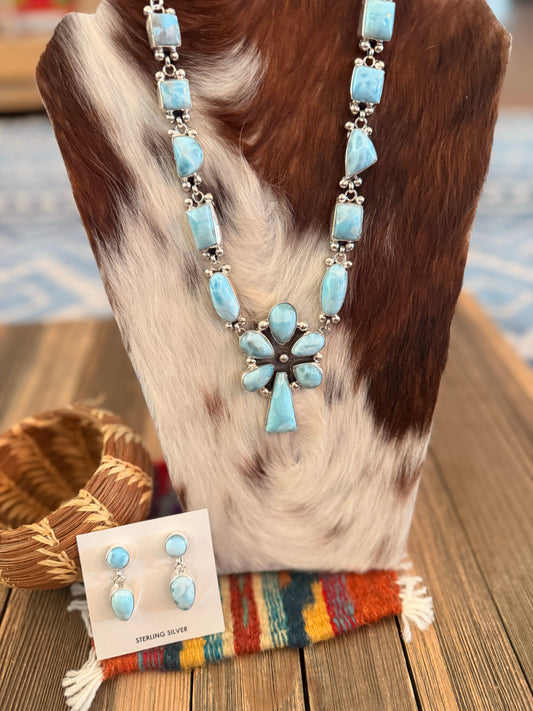 Handcrafted Larimar & Sterling Silver Necklace and Earring Set by Myra Benally