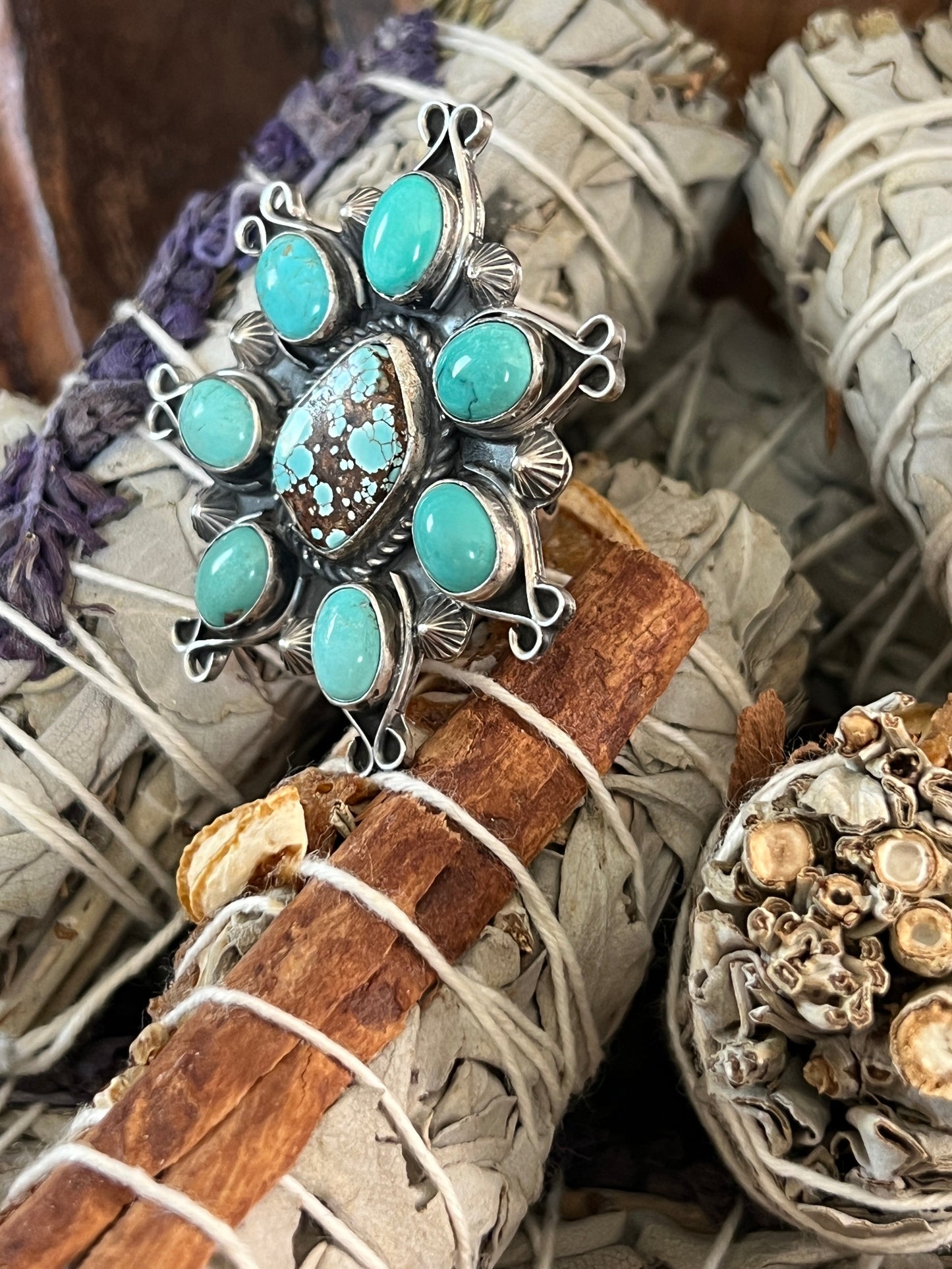 Rosella Paxson Number 8 and Hubei Turquoise Cluster Ring
