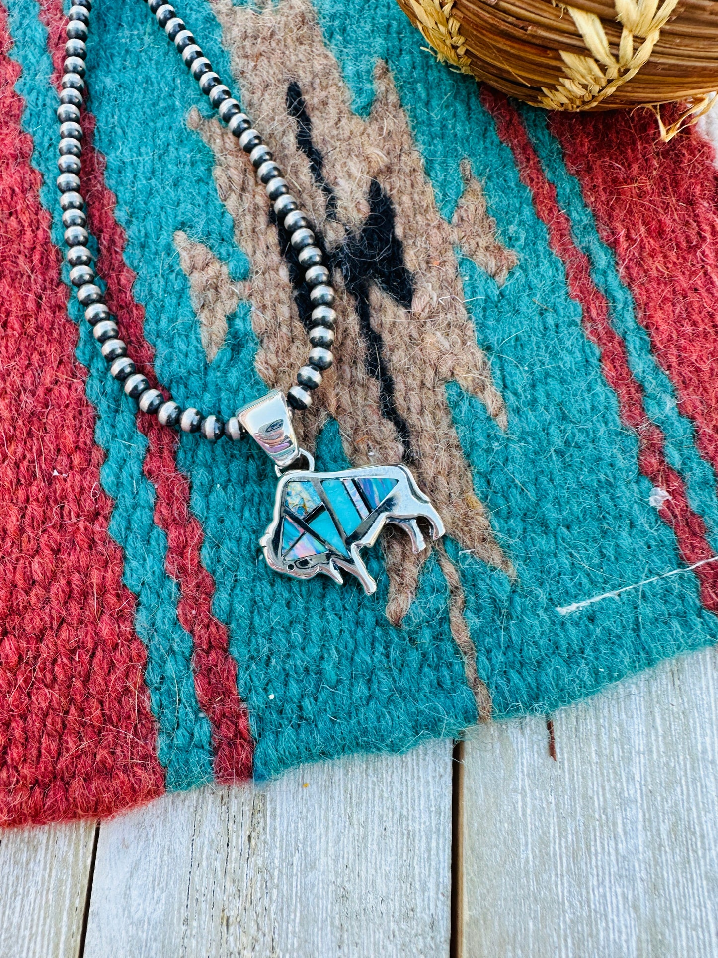 Handcrafted Sterling Silver, Turquoise and Opal Inlay Buffalo Pendant