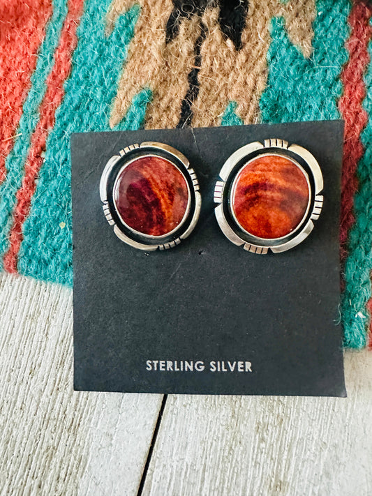 Handcrafted Sterling Silver & Orange Spiny Post Earrings