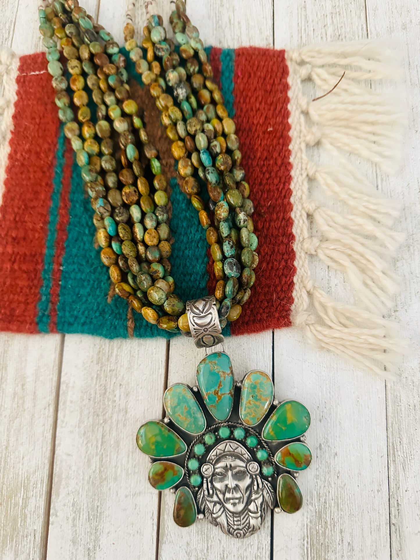 Stunning Handcrafted Sterling Silver & Royston Turquoise Indian Chief Beaded Necklace