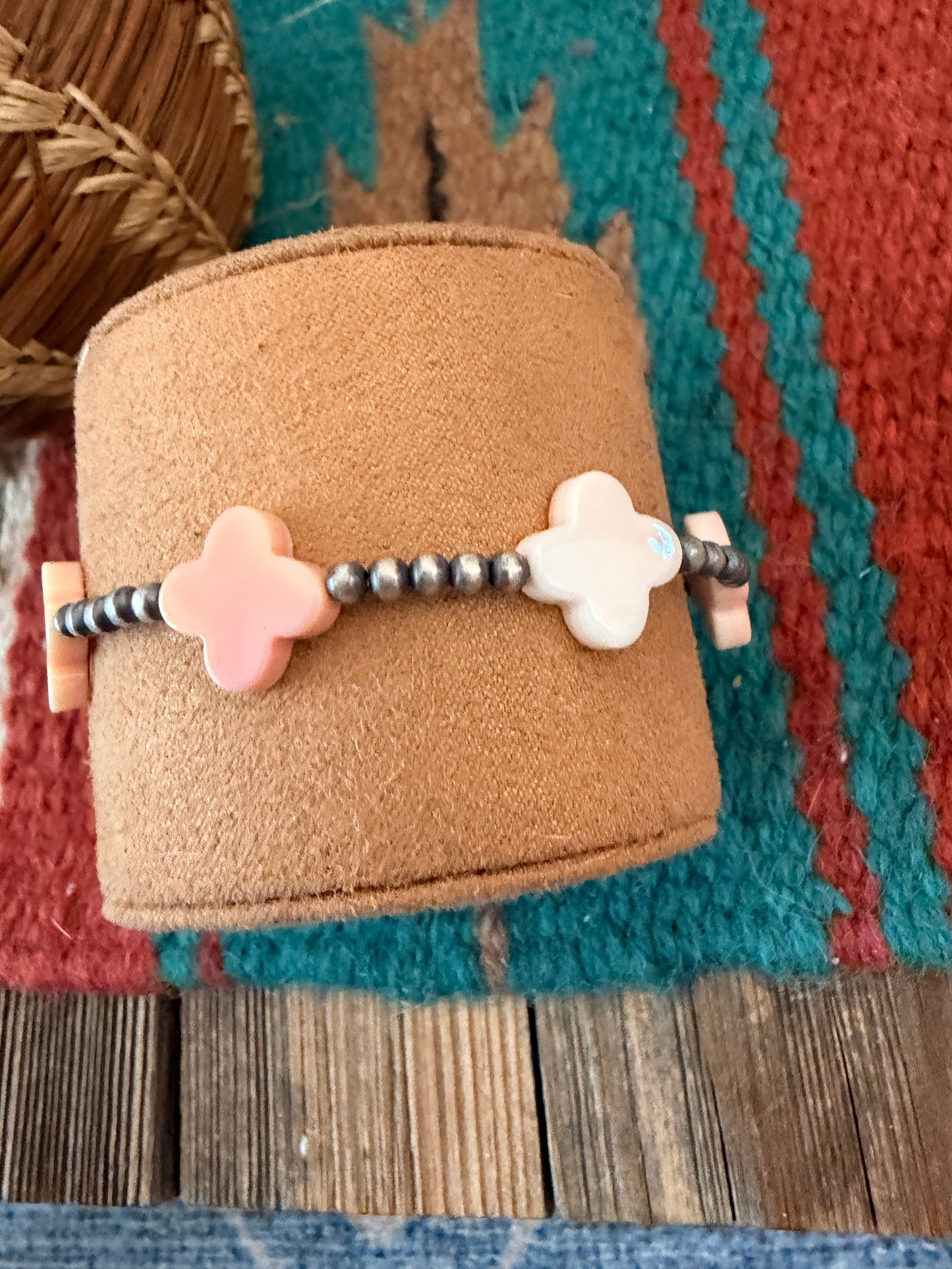Handcrafted Queen Pink Conch & Sterling Silver Pearl Cross Beaded Stretch Bracelet