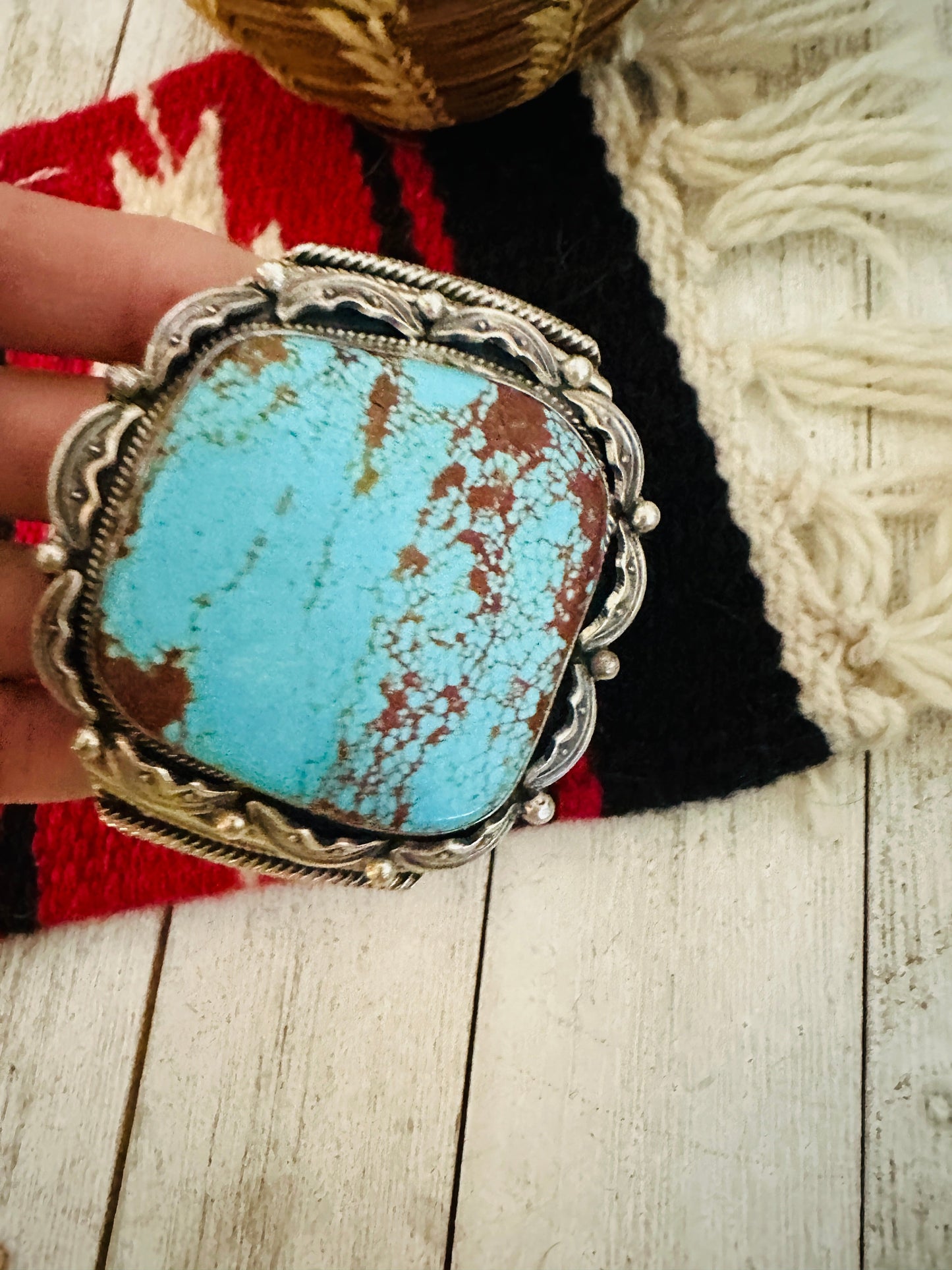 Vintage Old Pawn Handcrafted Sterling Silver & Number 8 Turquoise Cuff Bracelet