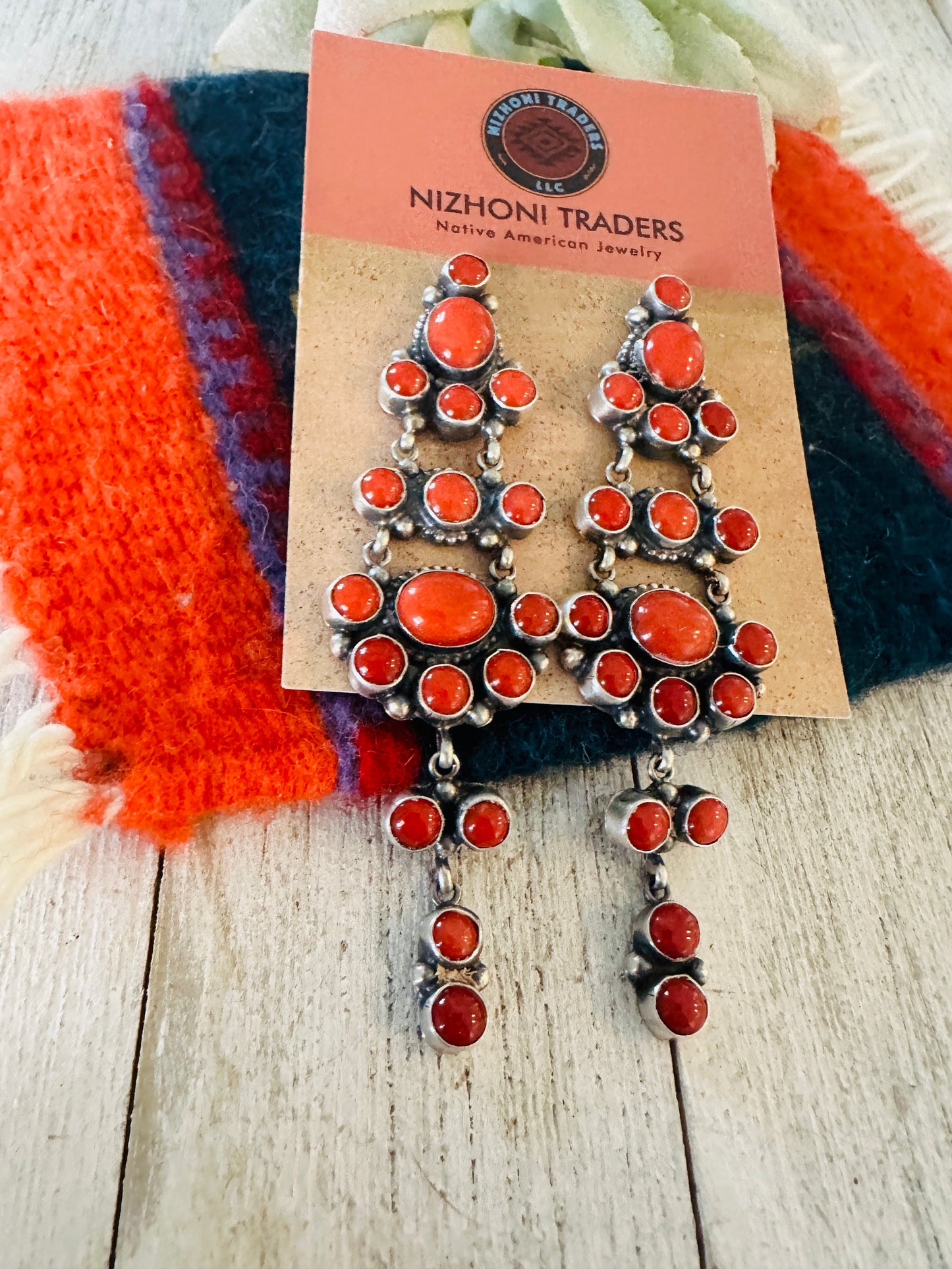 Navajo Coral and Sterling Silver Cluster Dangle Earrings
