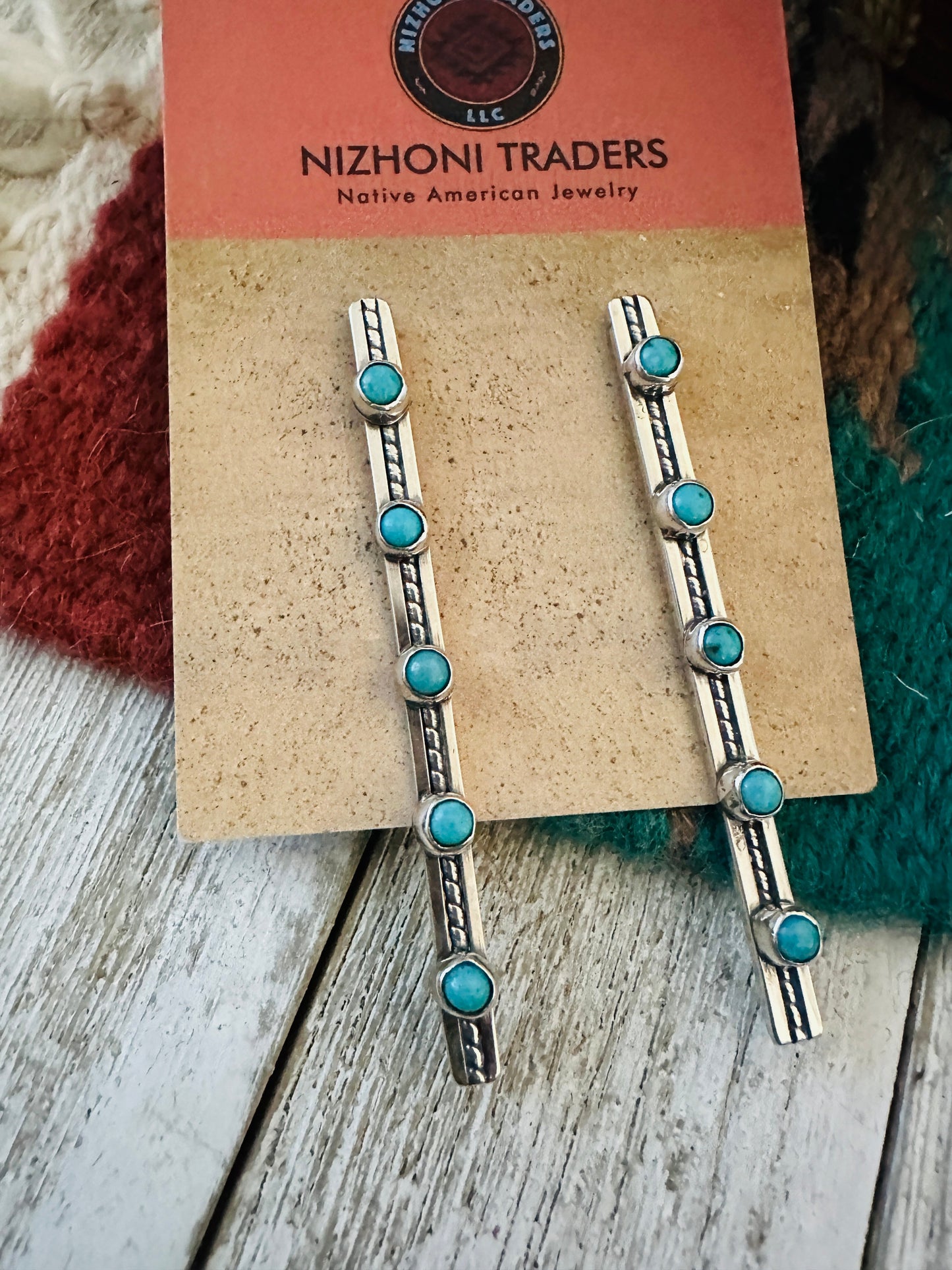 Handcrafted Turquoise & Sterling Silver Five Stone Drop Dangle Earrings