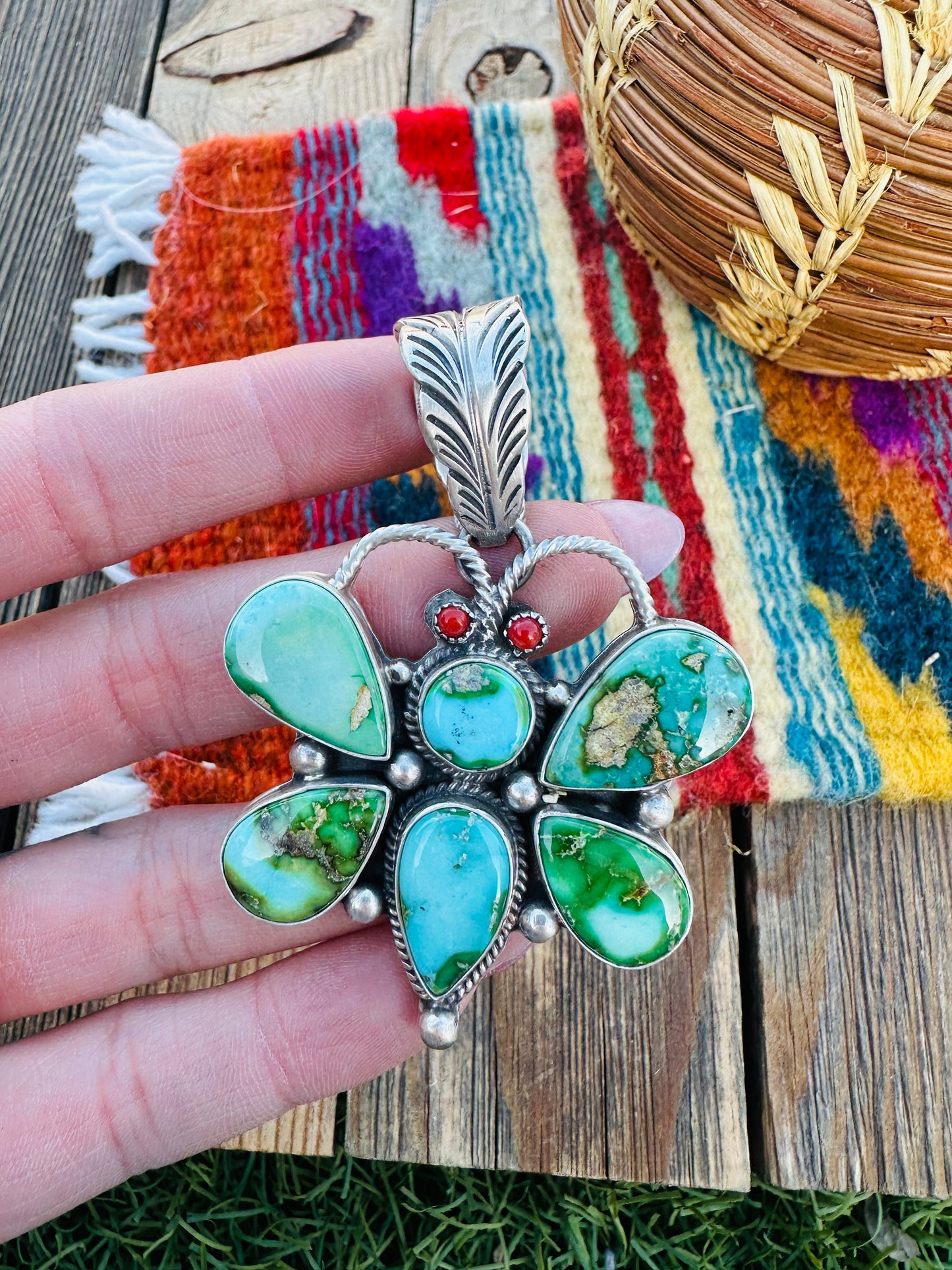 Handcrafted Sterling Silver, Turquoise & Coral Dragonfly Pendant by Emer Thompson
