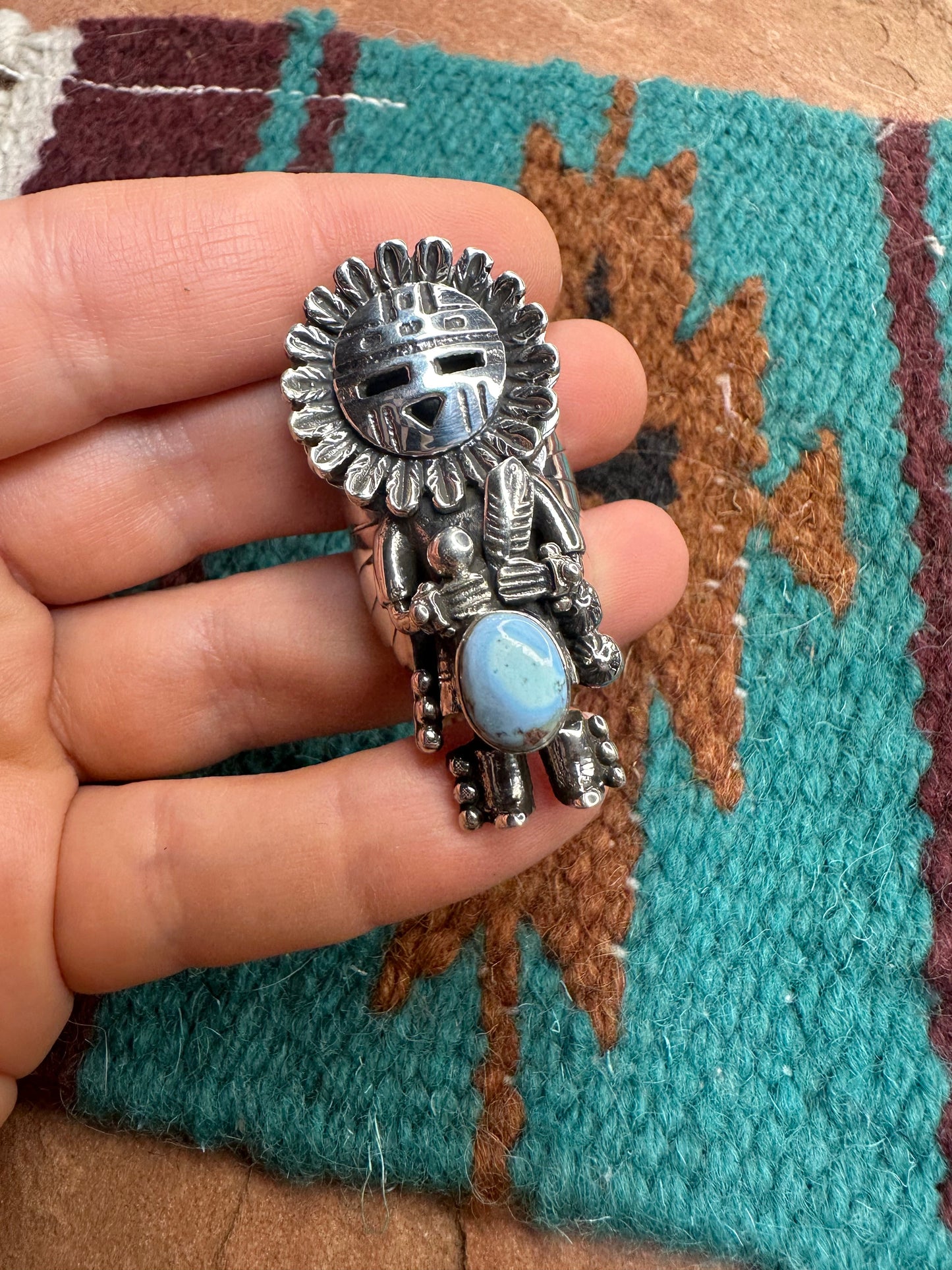 Handmade Golden Hills Turquoise Kachina And Sterling Silver Adjustable Ring