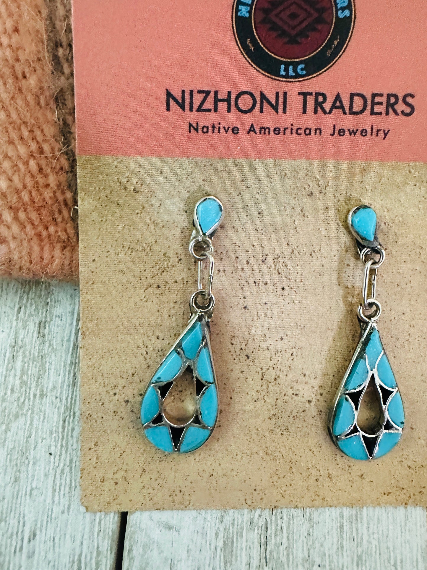 Handcrafted Sterling Silver,  Turquoise & Onyx Inlay Dangle Earrings