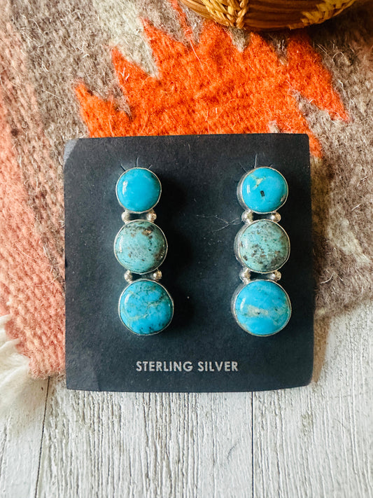 Handcrafted 3-Stone Turquoise And Sterling Silver Earrings
