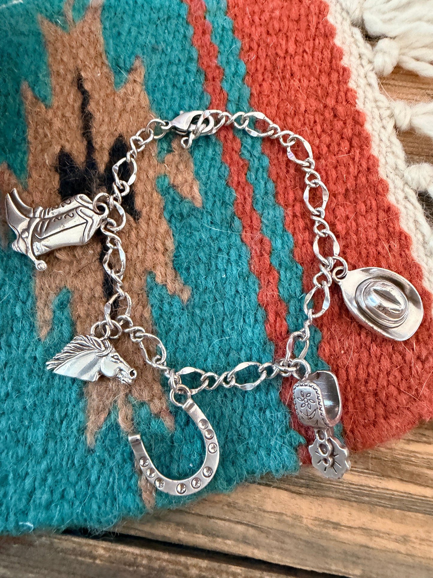 Handcrafted Old Pawn Sterling Silver Cowboy Charm Bracelet