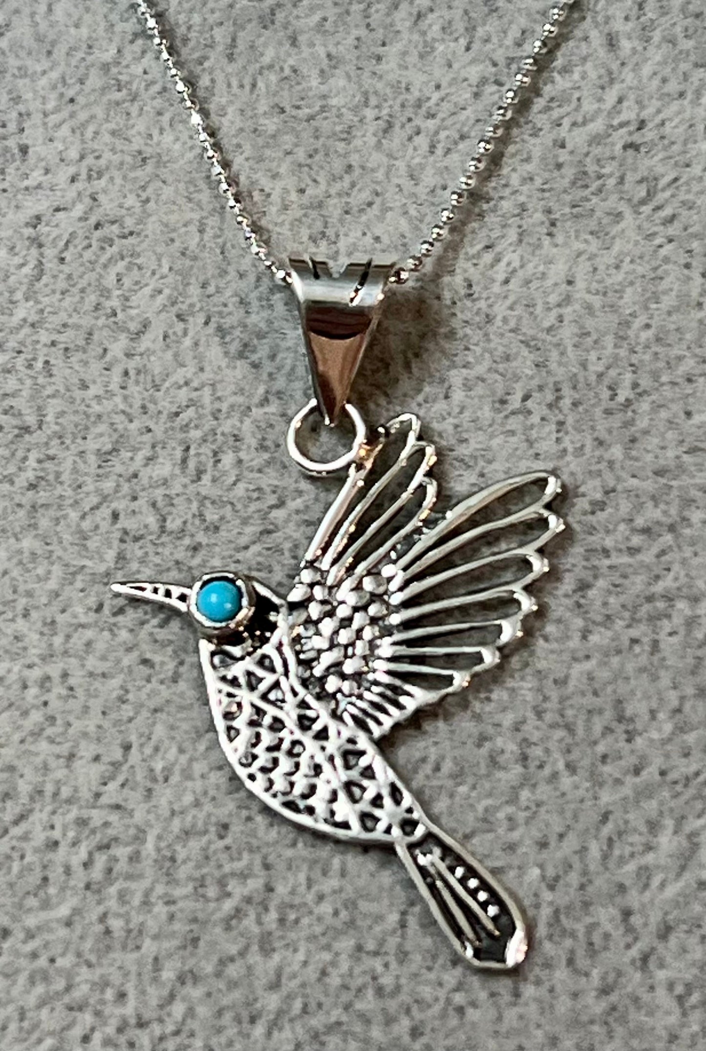 Hummingbird with Turquoise Eyes Sterling Silver Necklace
