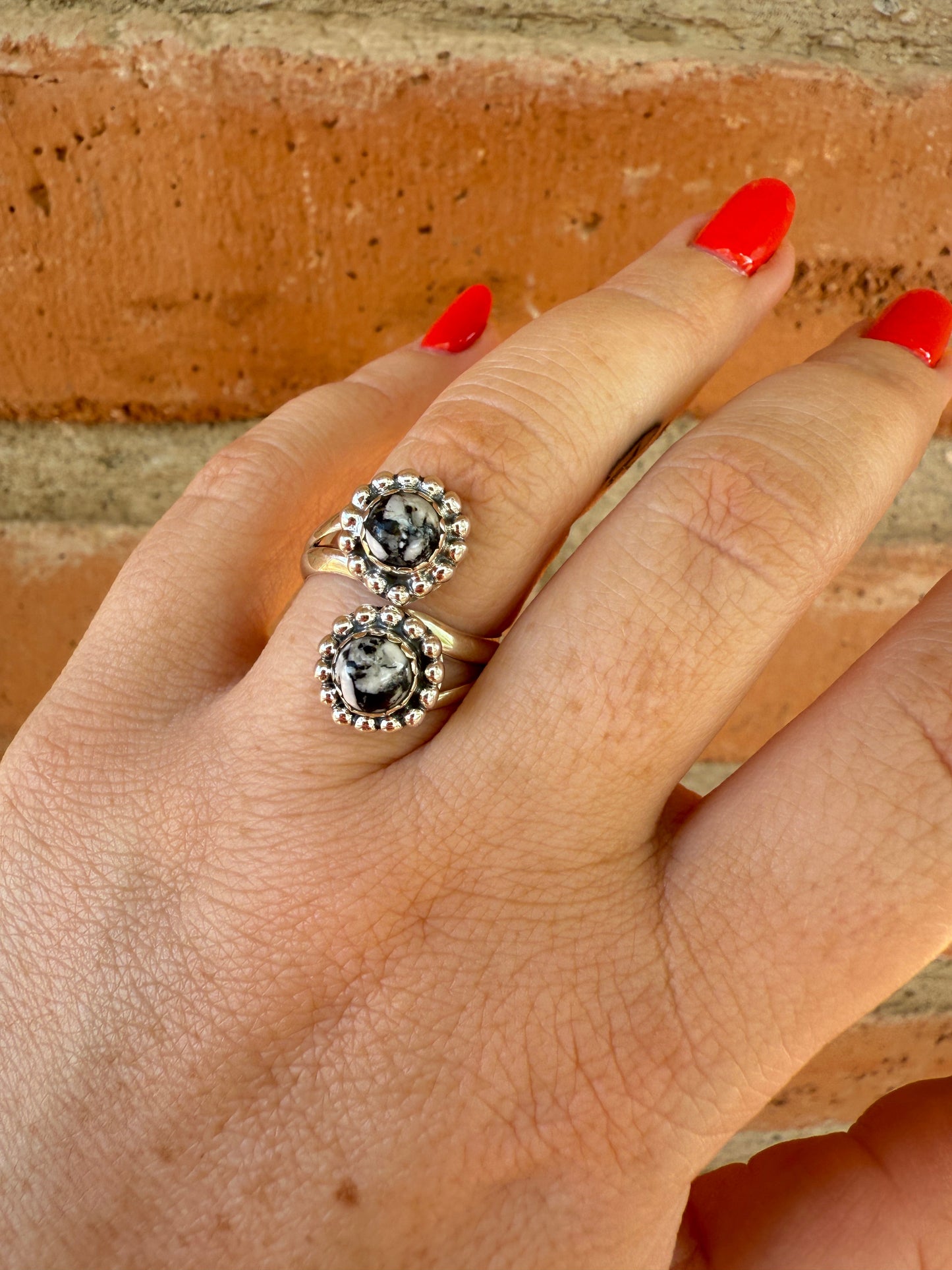 Handmade White Buffalo & Sterling Adjustable 2 Stone Ring