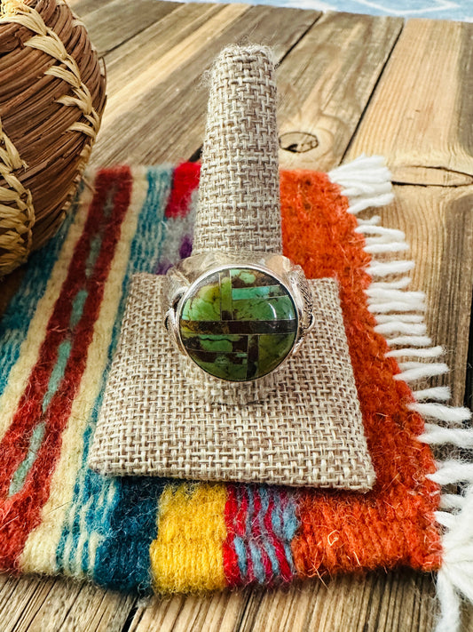 Handcrafted Sterling Silver & Turquoise Inlay Ring Size 12.5