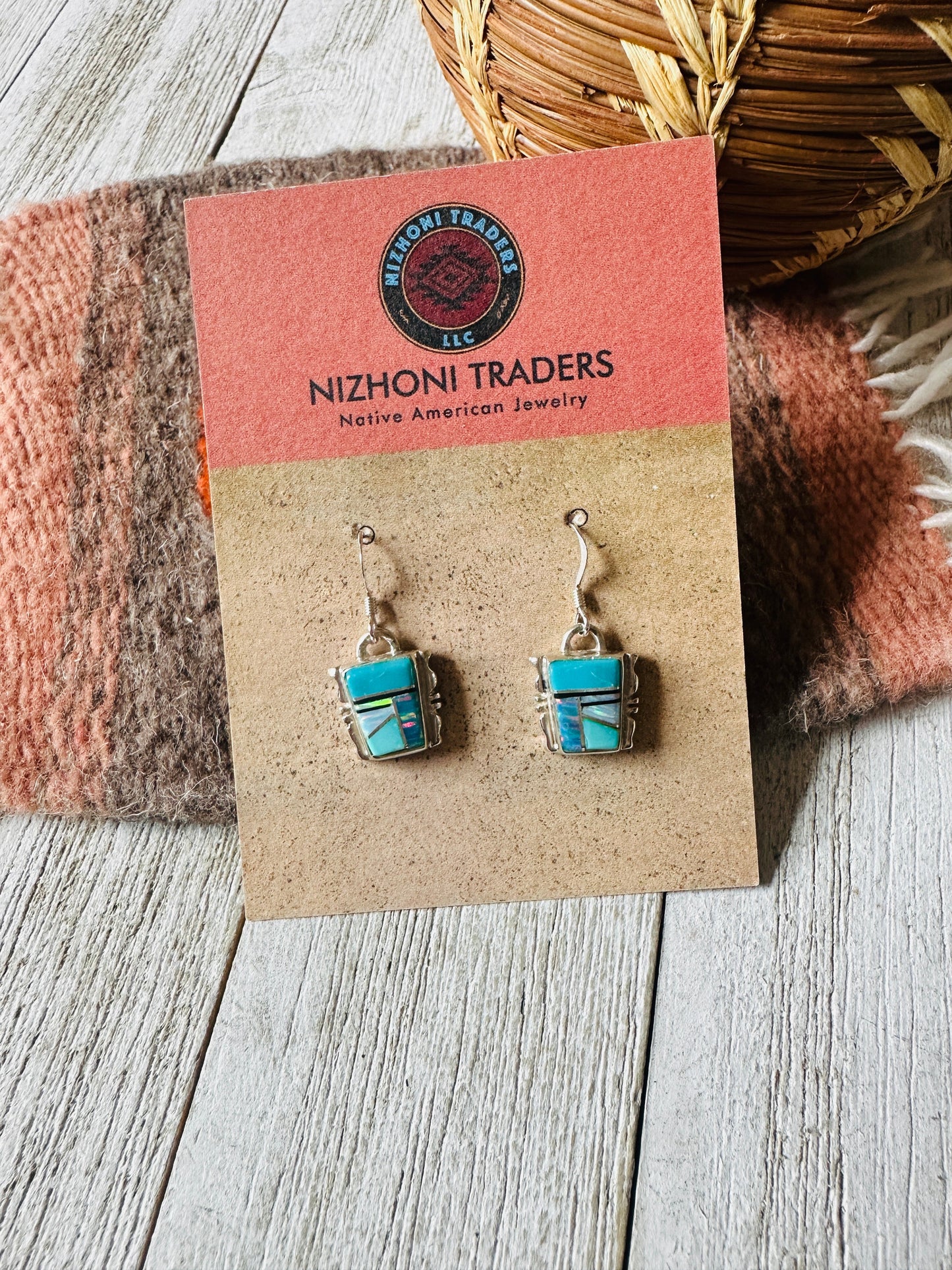 Handcrafted Sterling Silver & Multi Stone Inlay Dangle Earrings