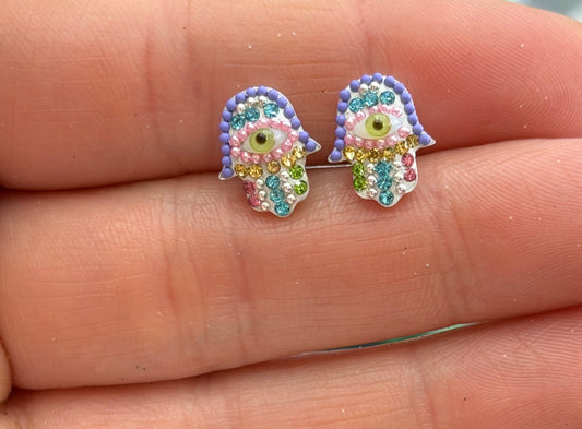 Hamsa Multi-Color Evil Eye Sterling Silver Stud Earrings