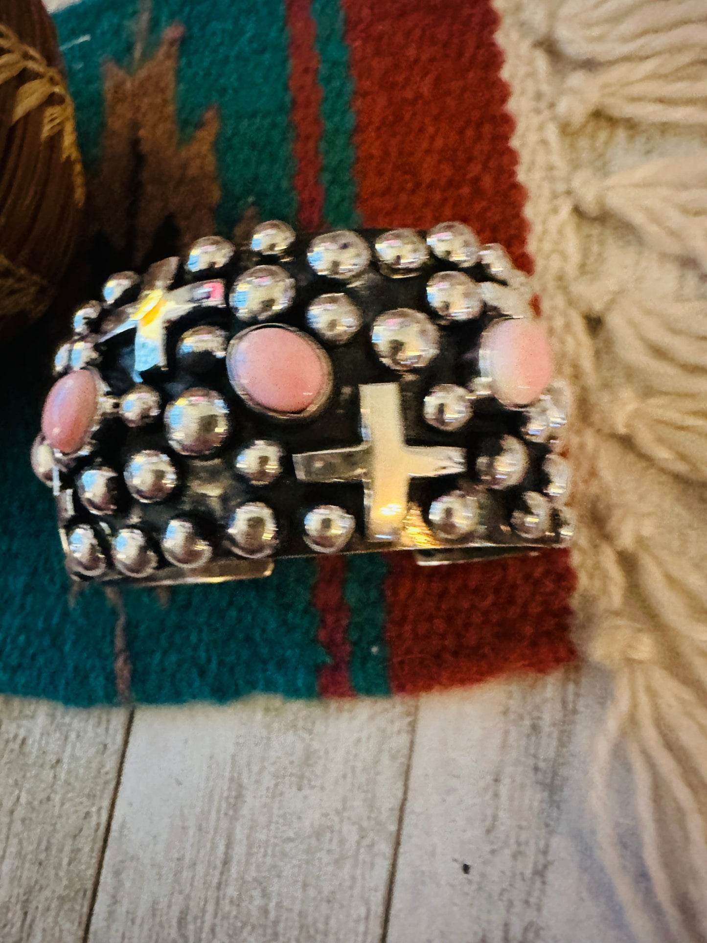 Handcrafted Sterling Silver & Queen Pink Conch Cross Cuff Bracelet By Chimney Butte /