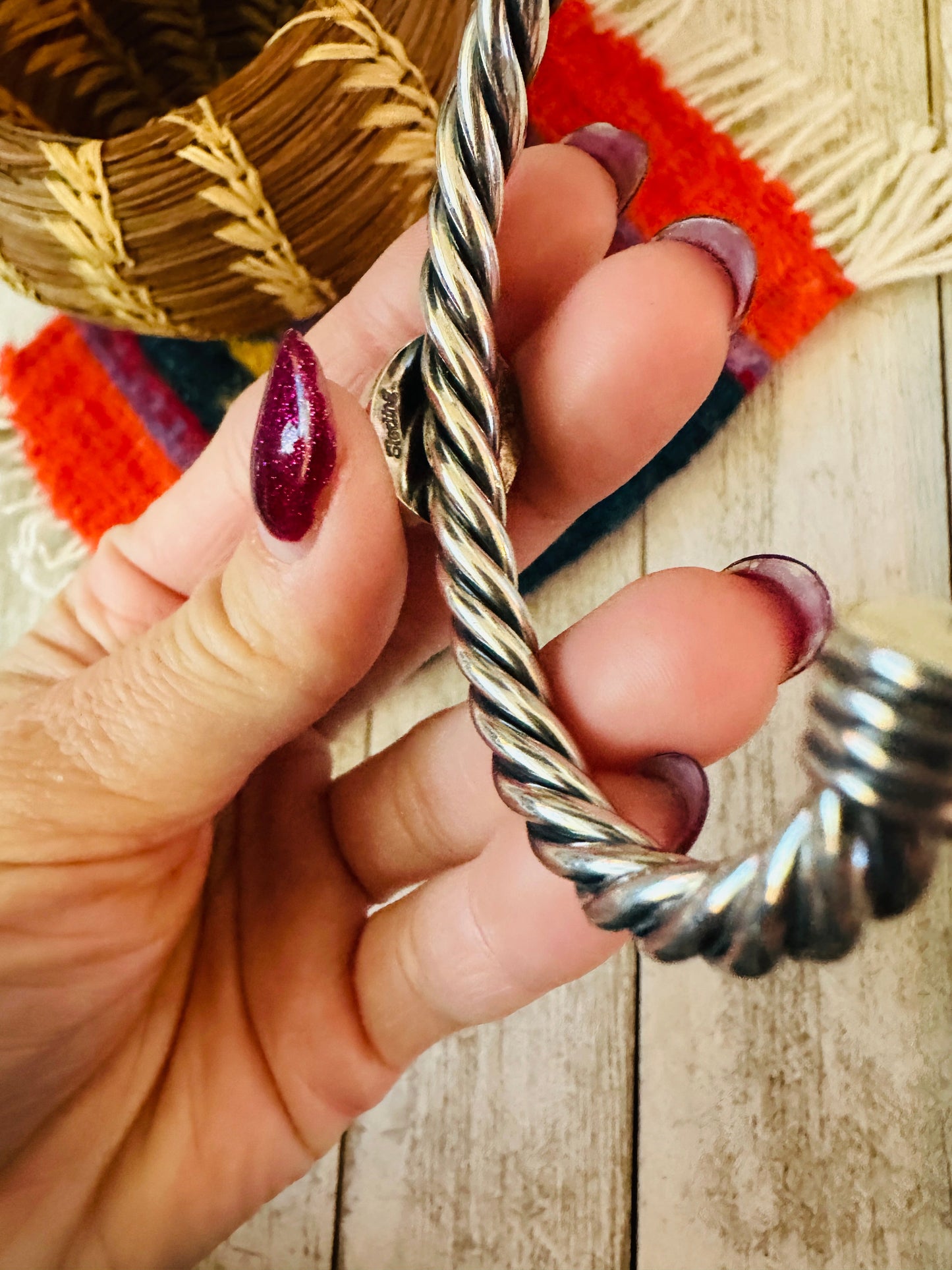 Handcrafted Twisted Sterling Silver & Orange Spiny Cuff Bracelet