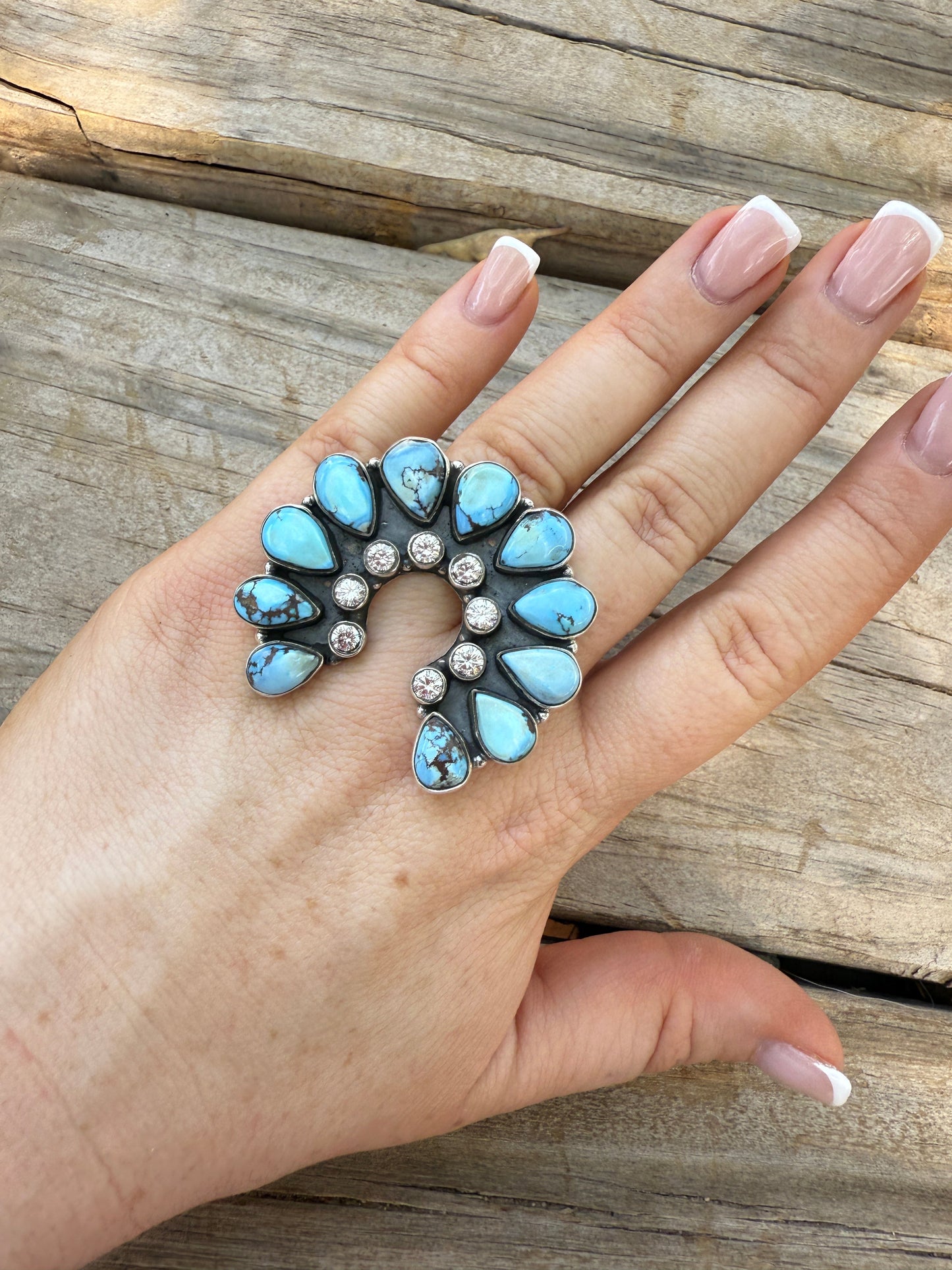 Handmade Golden Hills Turquoise, Cz & Sterling Silver Adjustable Naja Ring