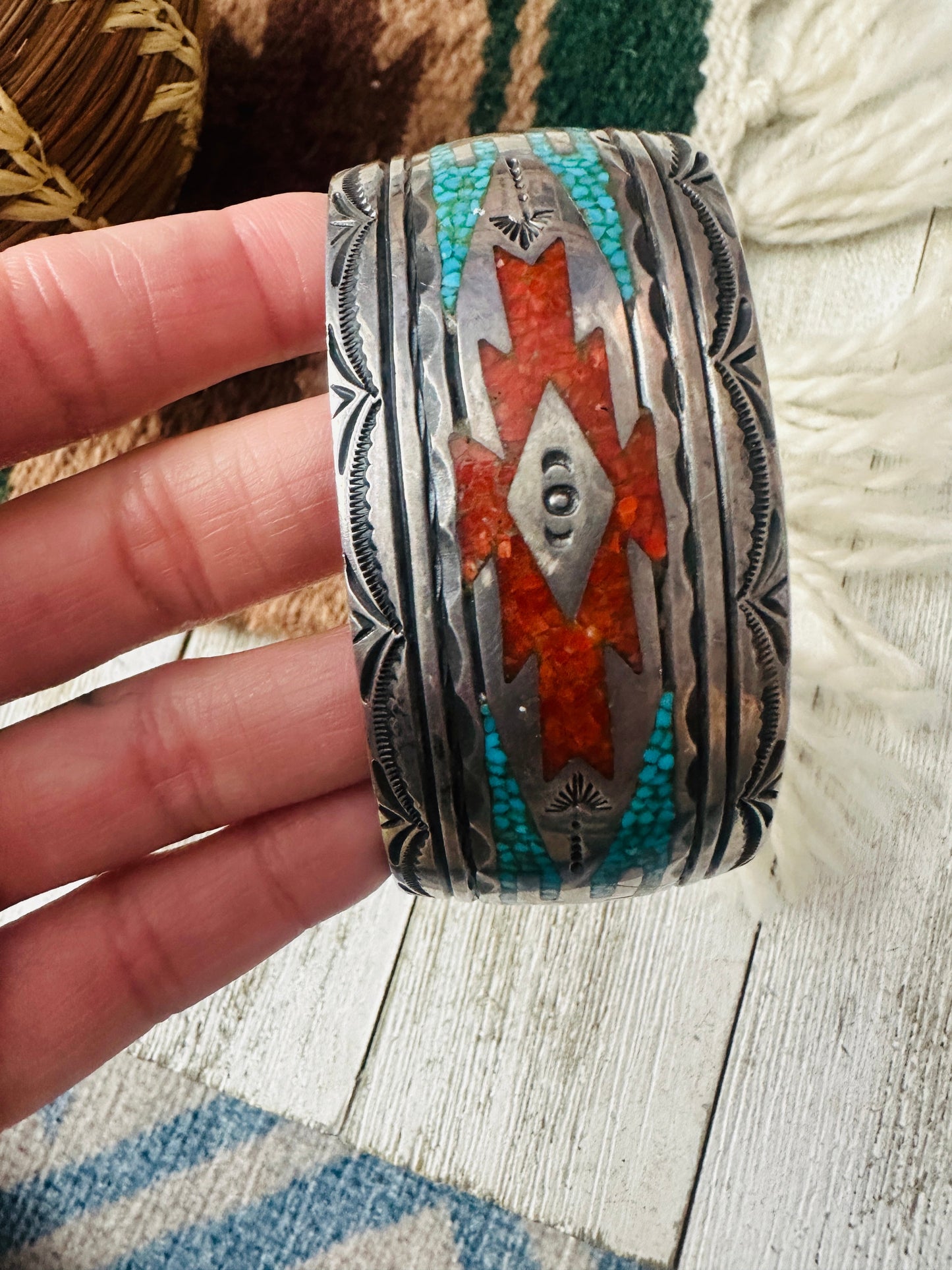 Handcrafted Old Pawn Coral, Turquoise & Sterling Silver Chip Inlay Cuff Bracelet