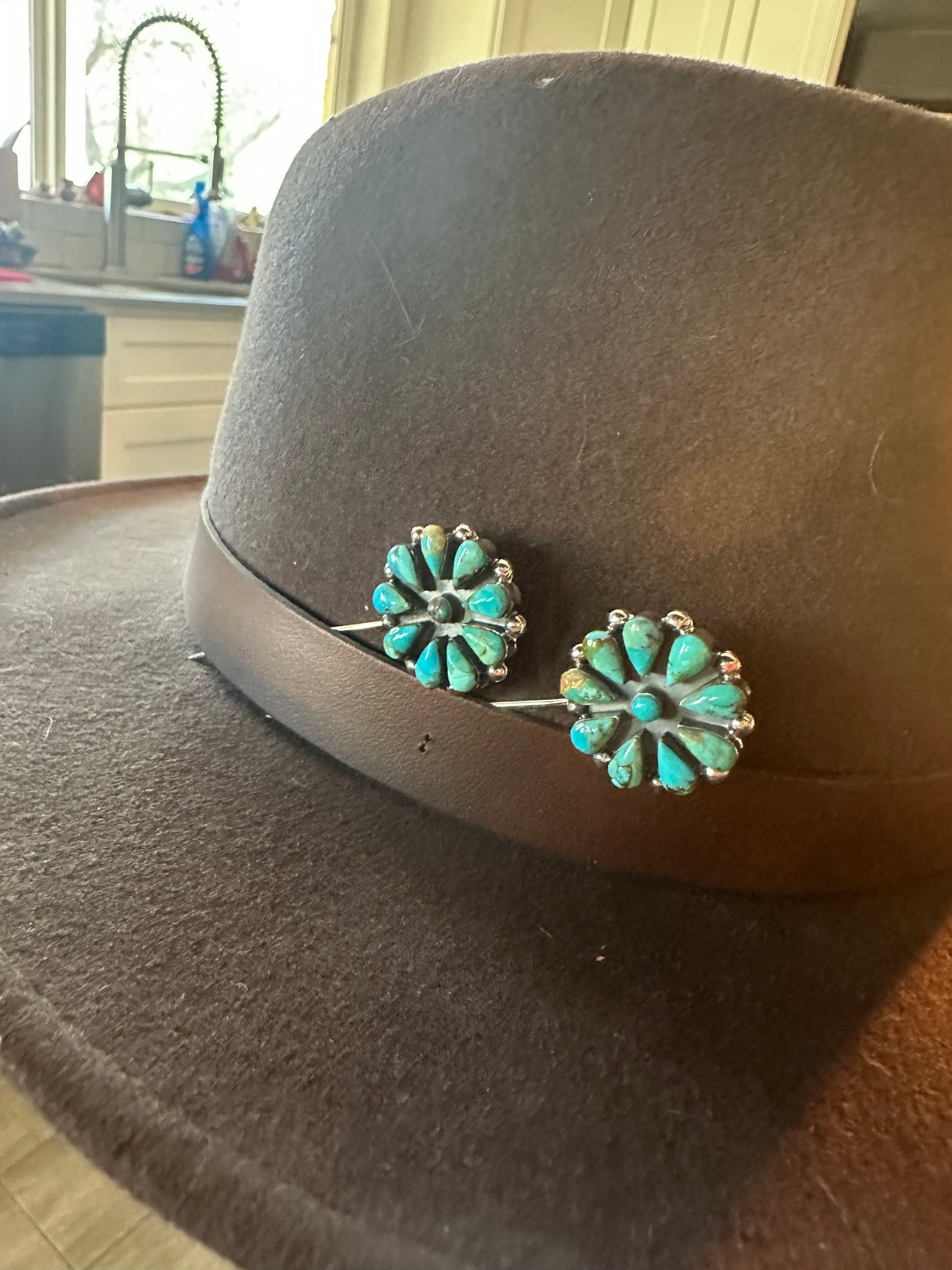 Handmade Sterling Silver and Turquoise Flower Hat Pin