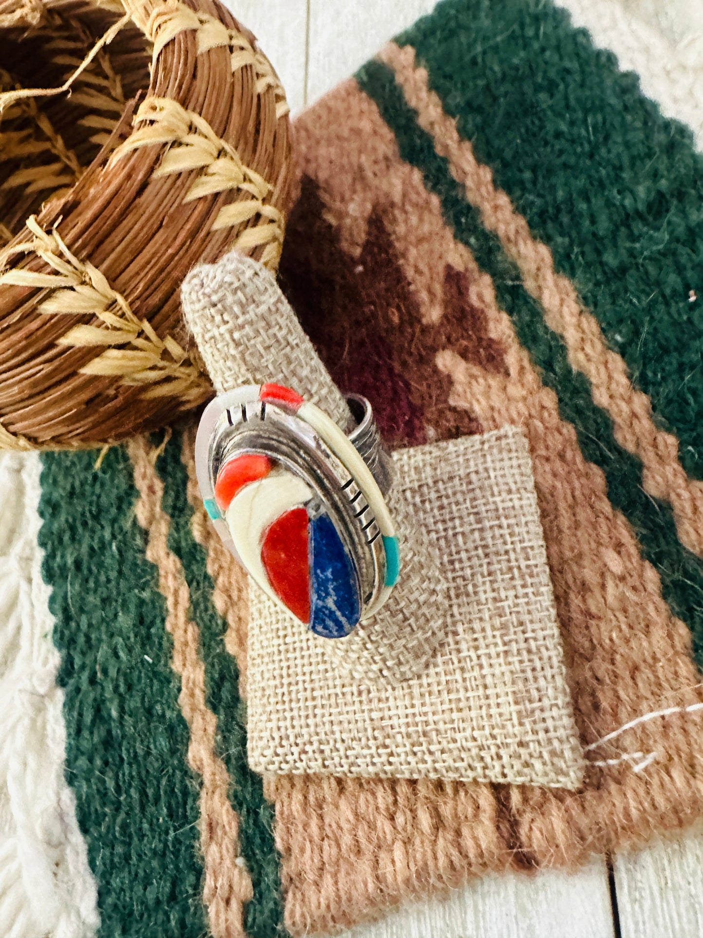 Old Pawn Handcrafted Multi Stone & Sterling Silver Inlay Adjustable Ring by Ken Romero