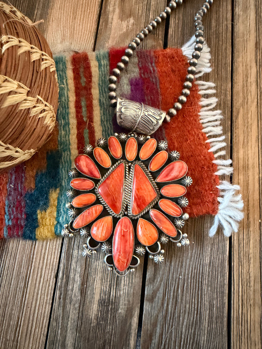 Handcrafted Sterling Silver & Orange Spiny Cluster Pendant by Tyler Brown