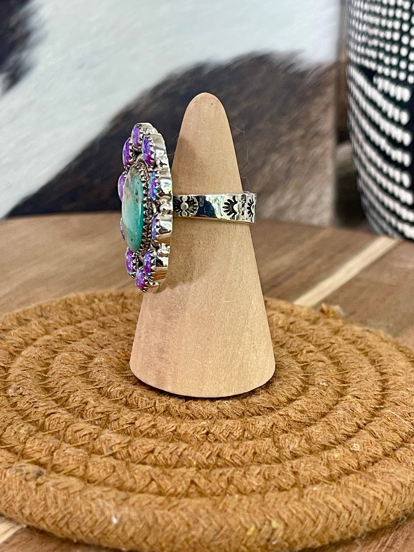 Handmade Sterling Silver, Royston & Purple Fire Opal Adjustable Ring