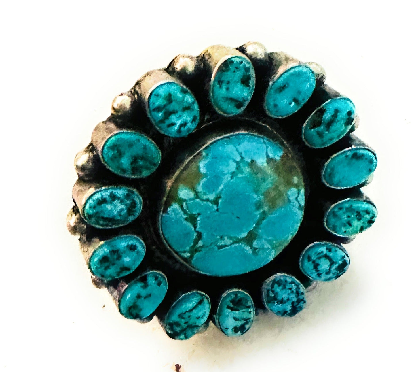 Handcrafted Turquoise & Sterling Silver Cluster Ring Size 7.25 by Blaine Yellowhorse