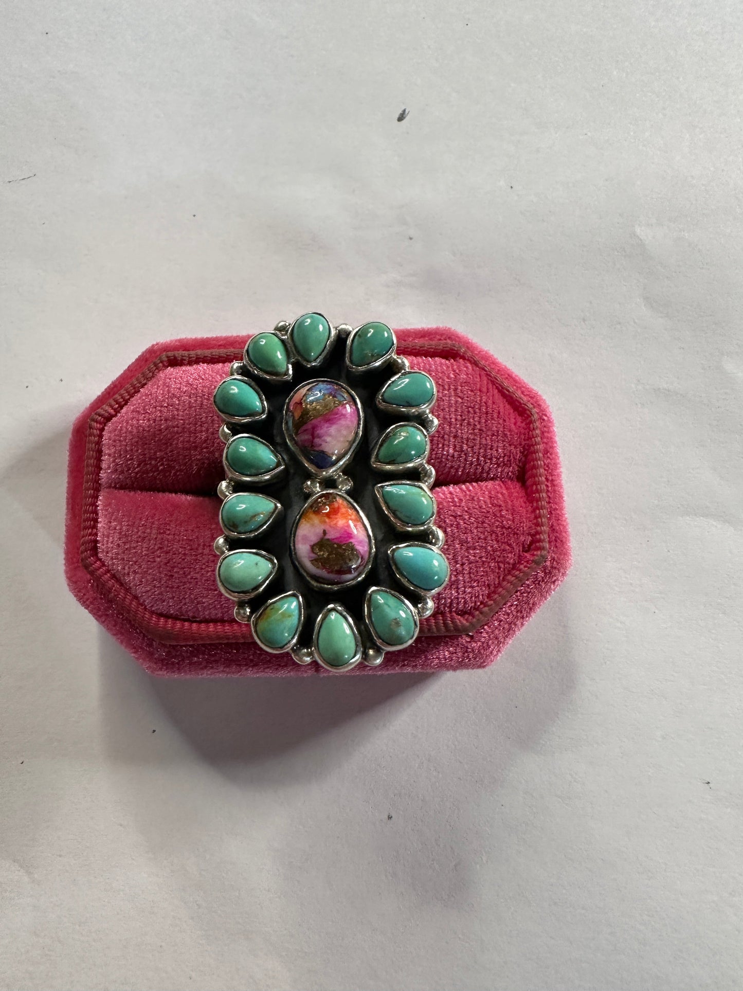 Beautiful Handmade Turquoise, Pink Dream Mojave And Sterling Silver Adjustable Ring