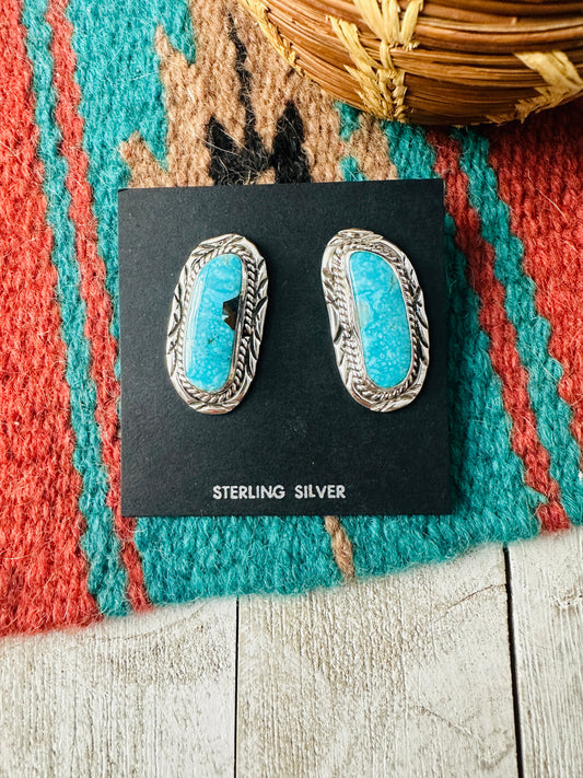 Handcrafted Turquoise & Sterling Silver Post Earrings Signed