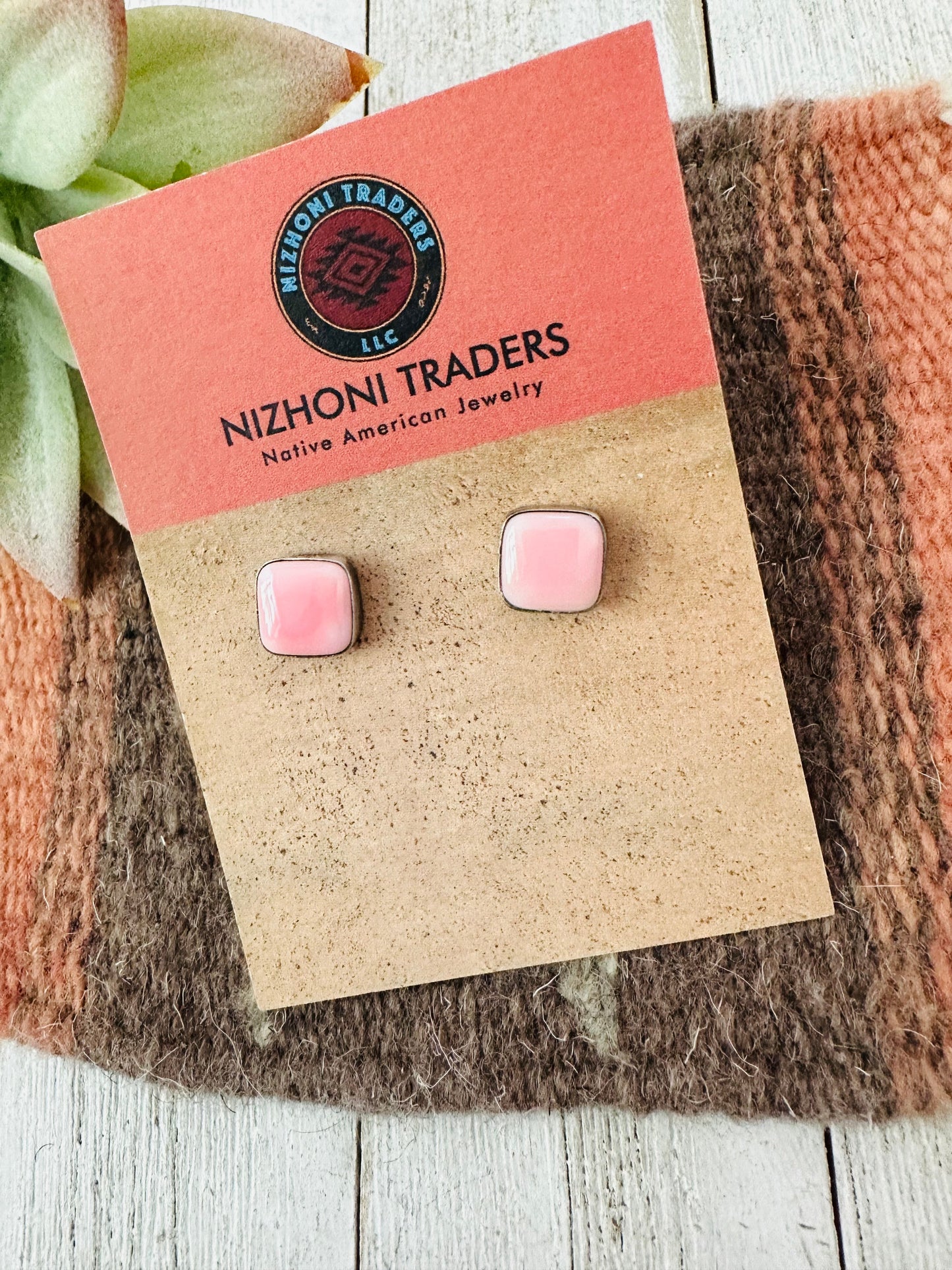 Navajo Queen Pink Conch & Sterling Silver Square Stud Earrings