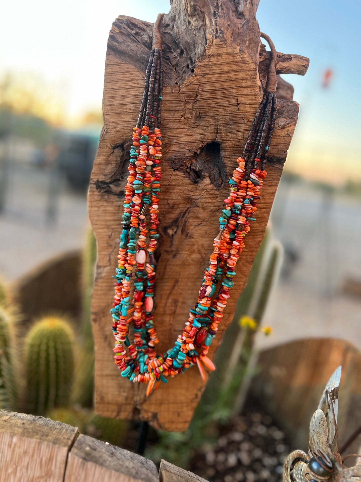 Gorgeous Handcrafted Made Six Strand Spiny Oyster and Turquoise Beaded Squaw Wrap Necklace with Spiny Oyster Tabs