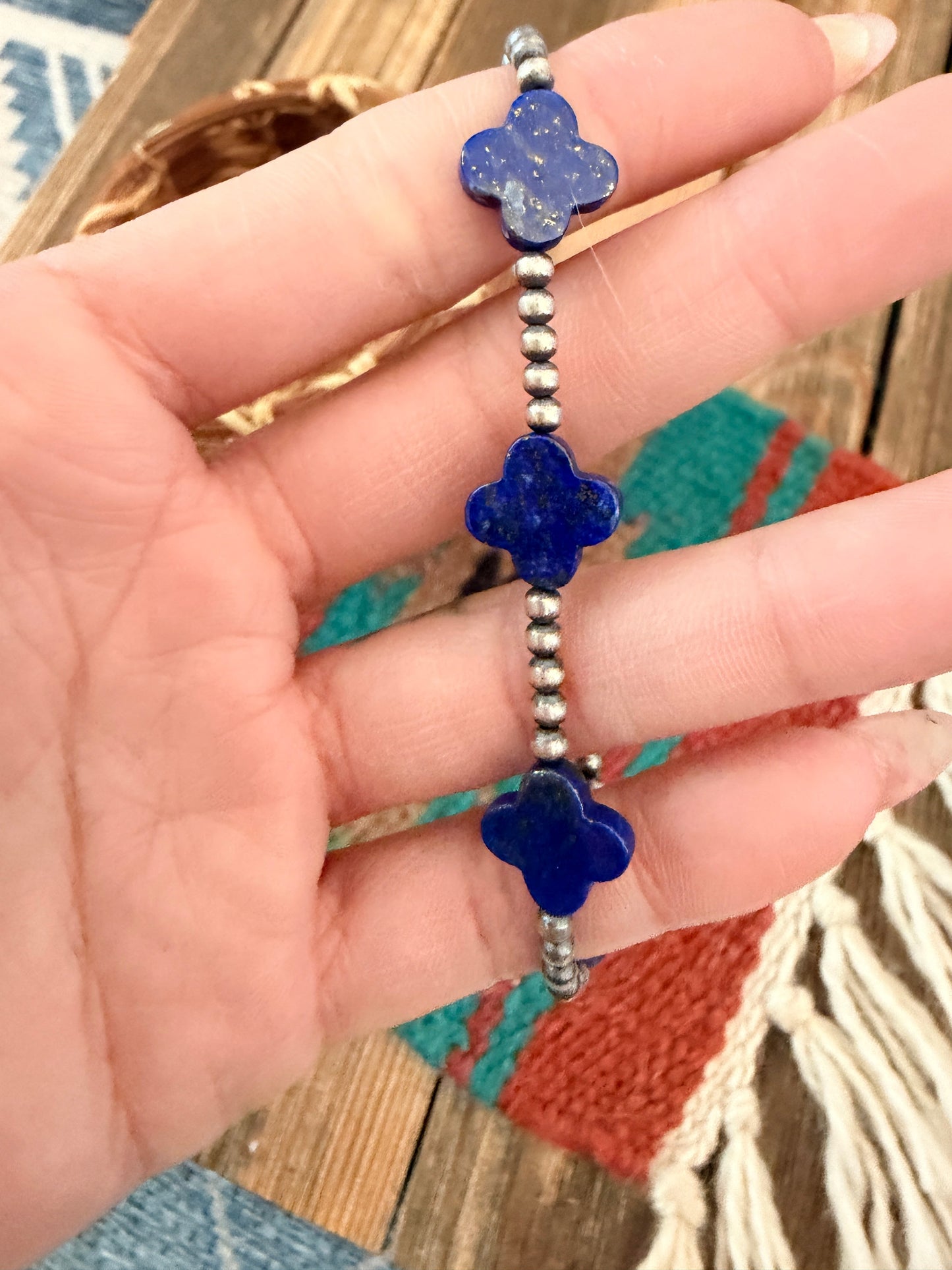 Handcrafted Lapis & Sterling Silver Pearl Cross Beaded Stretch Bracelet