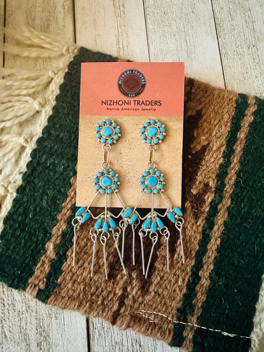 Handcrafted Sterling Silver & Turquoise Flower Chandelier Dangle Earrings