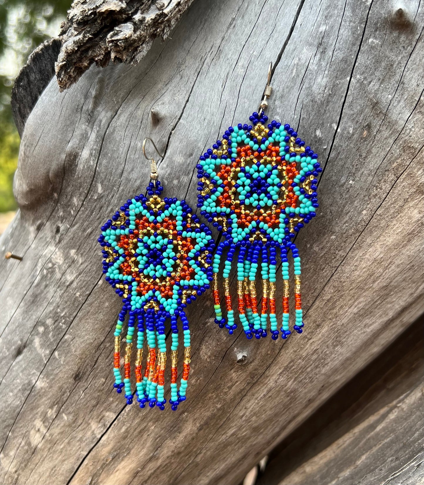 Handmade MultiColor Beaded Dangle Earrings (Blue, Turquoise, Orange)