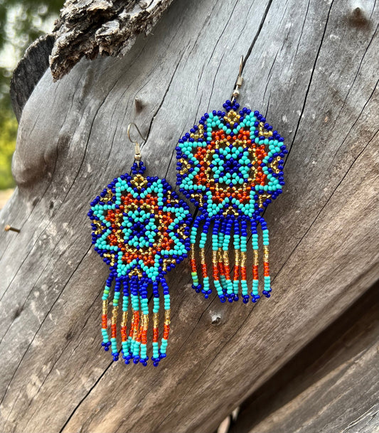 Handmade MultiColor Beaded Dangle Earrings (Blue, Turquoise, Orange)
