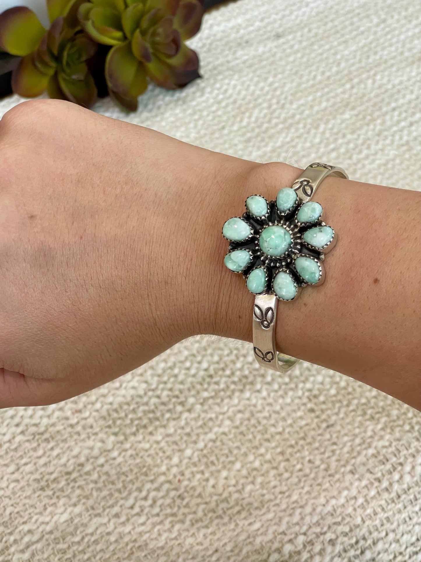 Handmade Sterling Silver, Mint Dahlia Adjustable Flower Cuff Bracelet