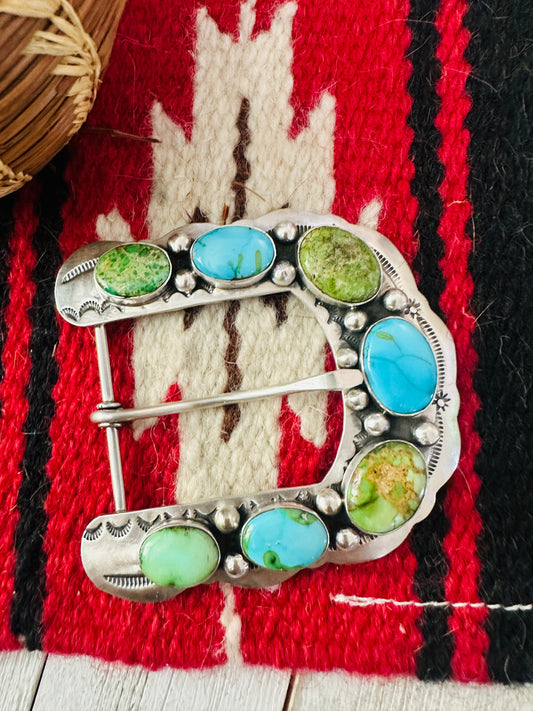 Handcrafted Turquoise & Sterling Silver Belt Buckle by Russell Sam