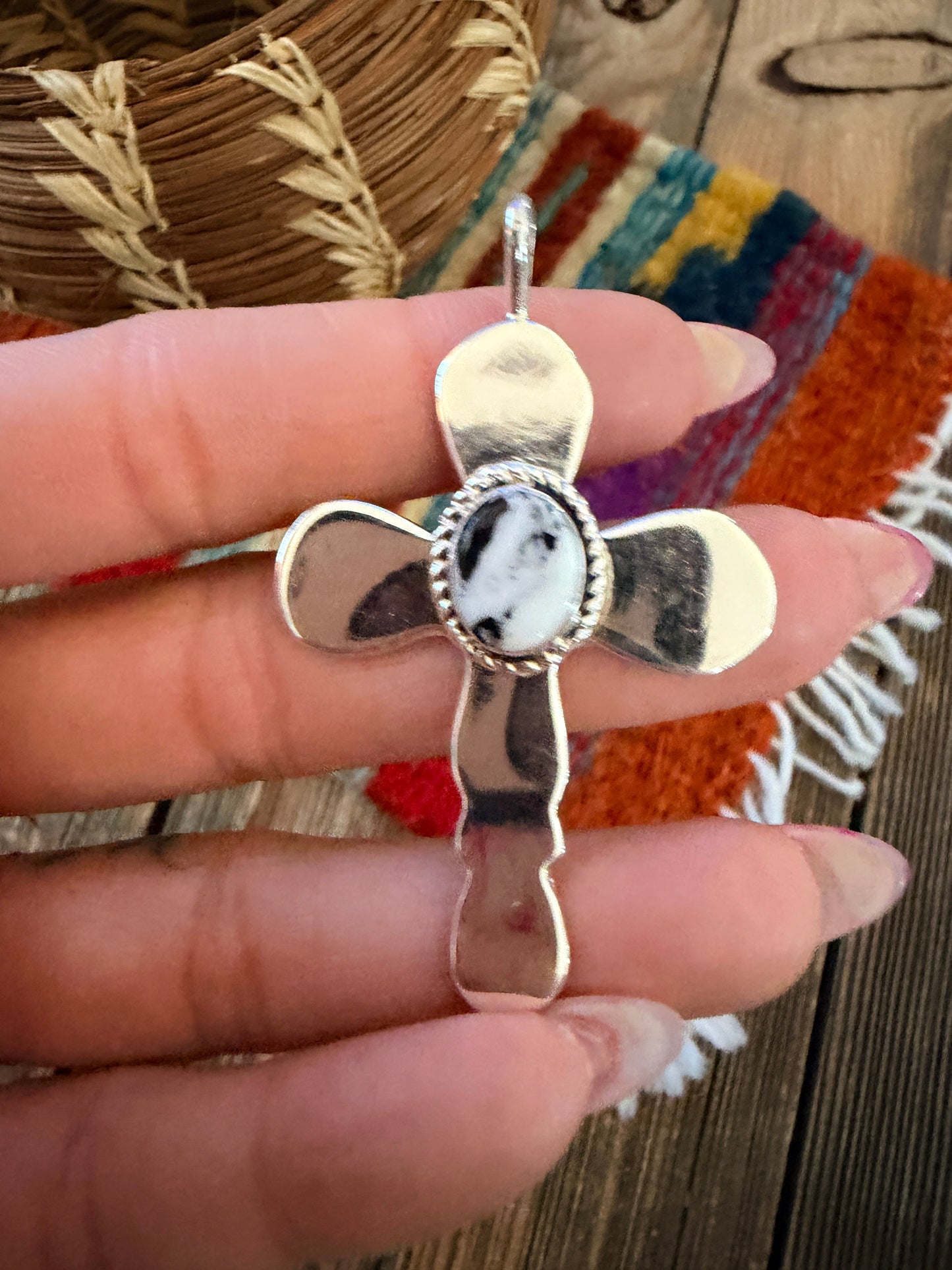 Handcrafted Sterling Silver & White Buffalo Cross Pendant by Joseph Martinez