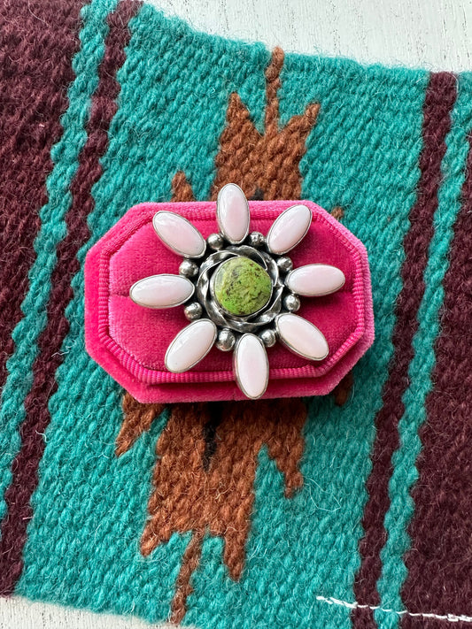 “Pink Blossom” Gorgeous Handcrafted Turquoise, Pink Conch And Sterling Silver Adjustable Flower Ring Signed