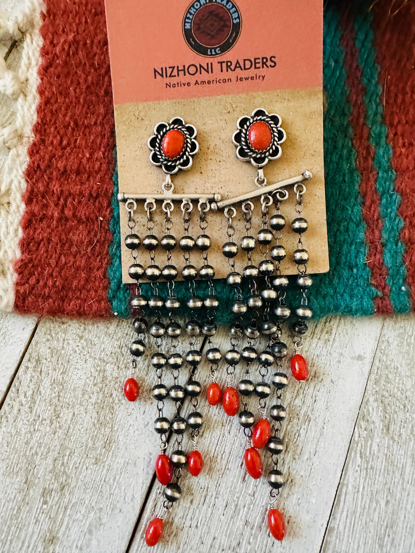 Handcrafted Coral  & Sterling Silver Pearl Beaded Tassel Dangle Earrings