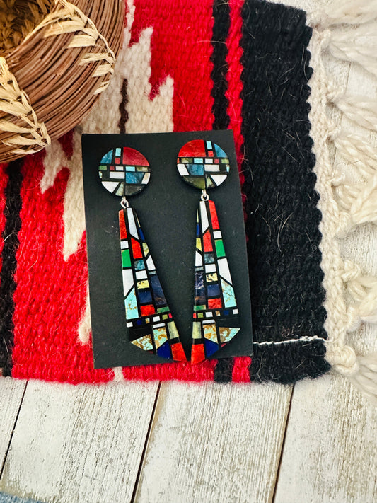Handcrafted Multi Stone Inlay Dangle Earrings