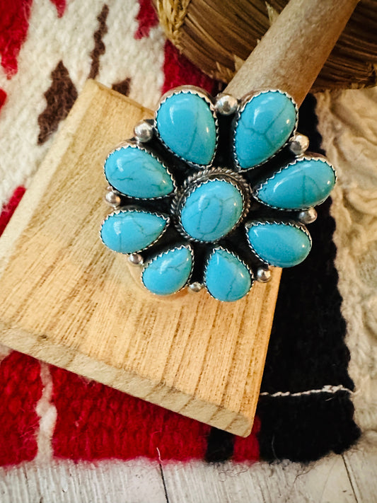 Handcrafted Sterling Silver & Kingman Turquoise Cluster Ring Size 8