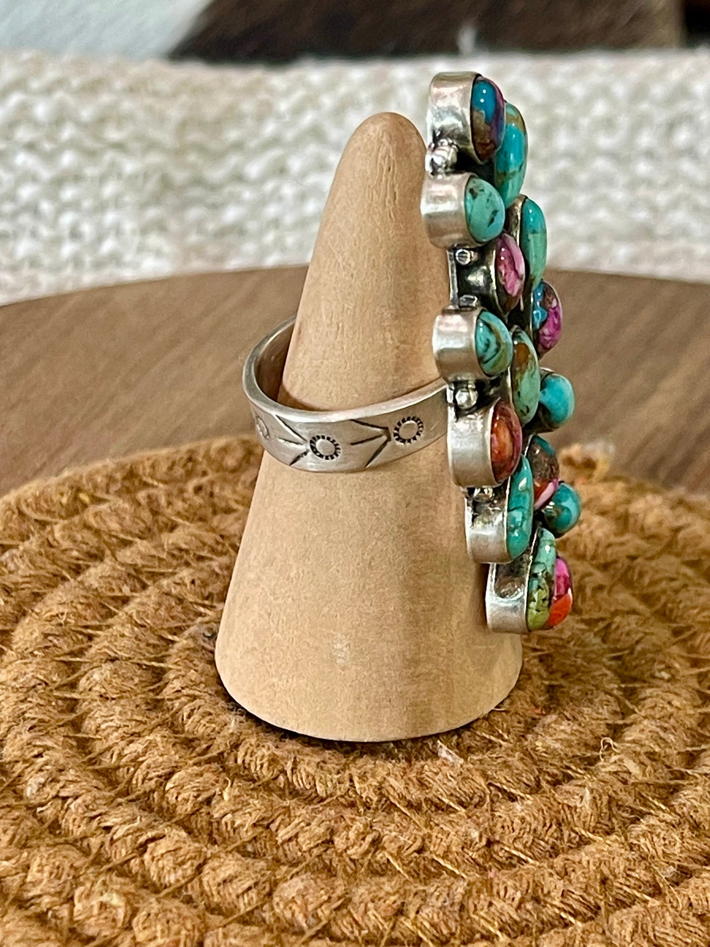 Handcrafted Sterling Silver & Multi Stone Adjustable Cluster Ring