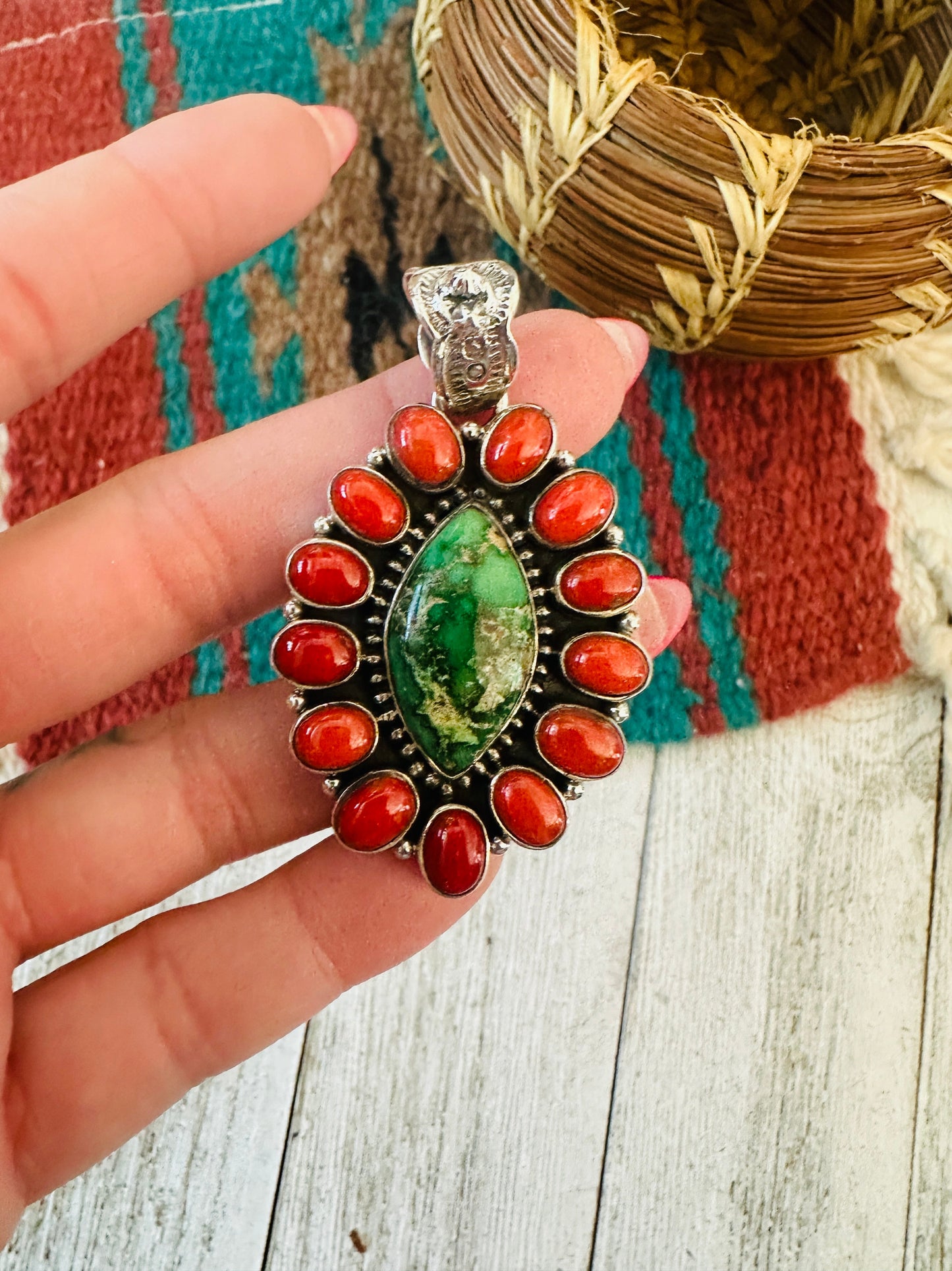 ** Christmas Collection ** Handmade Sterling Silver, Coral & Turquoise Cluster Pendant Signed Nizhoni