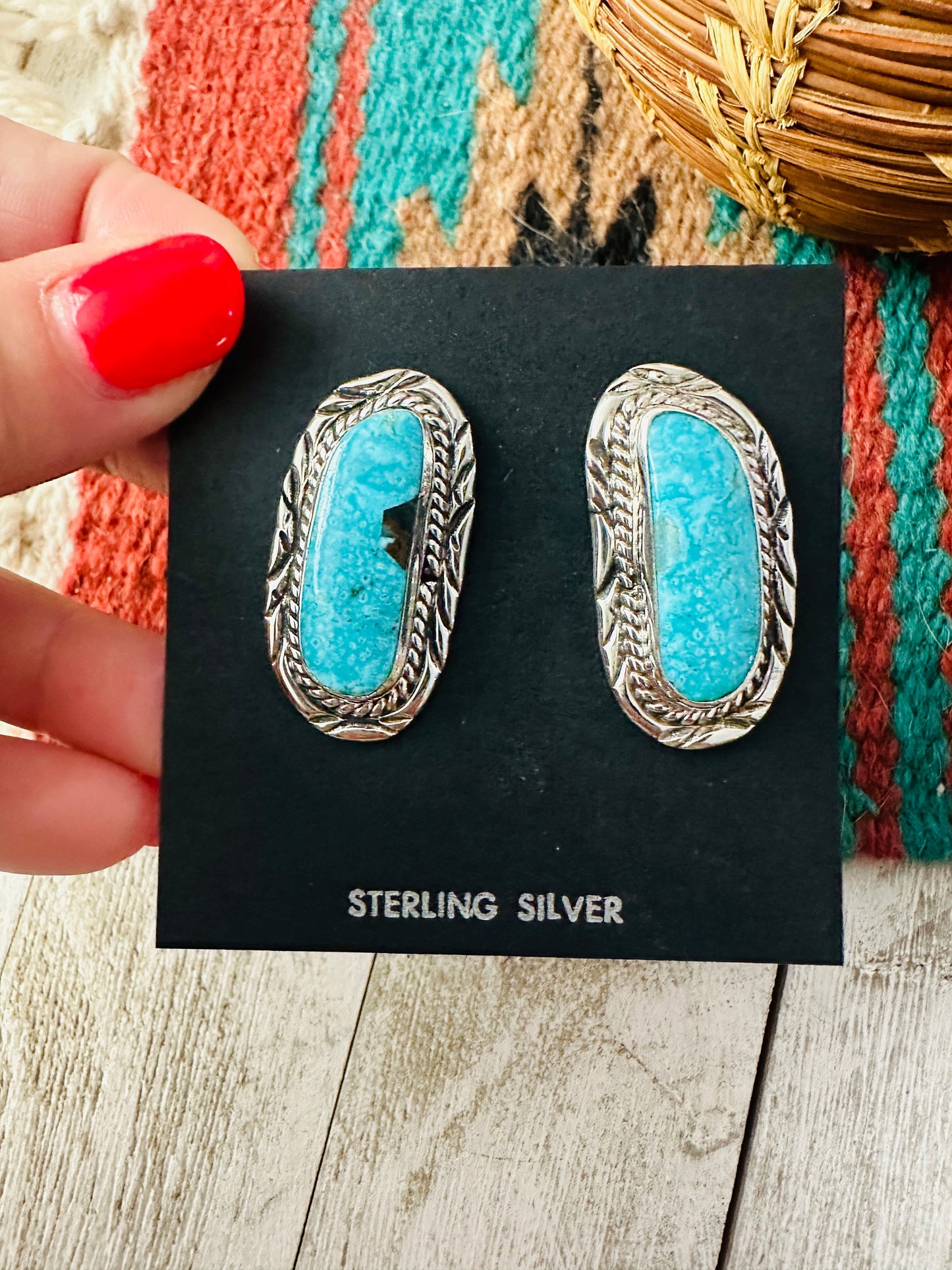 Handcrafted Turquoise & Sterling Silver Post Earrings Signed