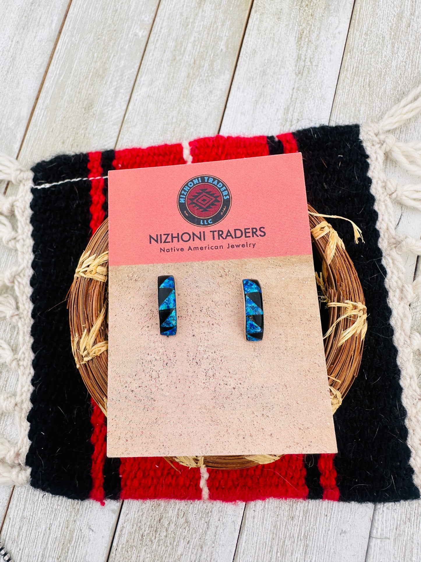 Handcrafted Opal, Onyx & Sterling Silver Inlay Hoop Earrings